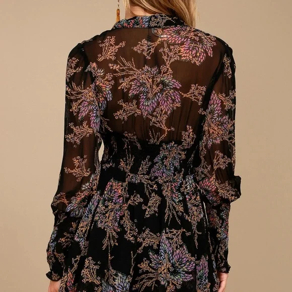 Free people Long sleeve black print Ruffled Tiered Dress size S - Picture 7 of 11
